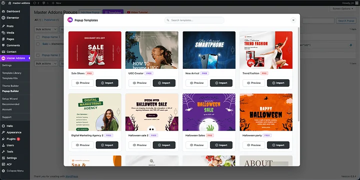 master addons for pre built popup library